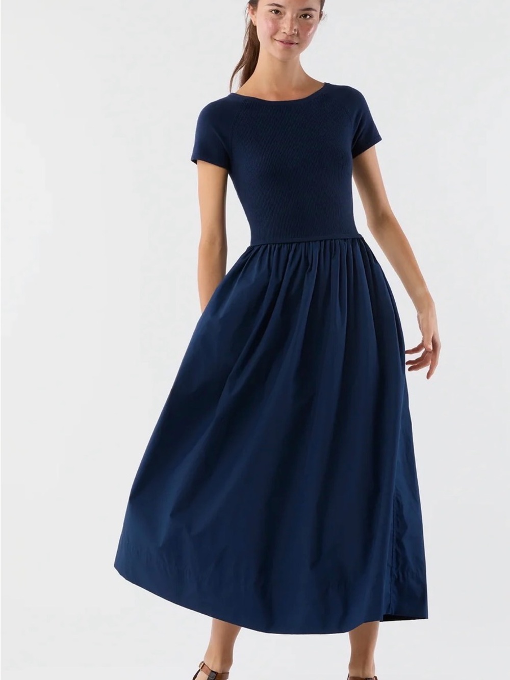 ANN MASHBURN Navy Short-Sleeve Maxi Dress with Textured Bodice